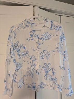 Jane and Delancey White Button-Down Shirt with Blue Sketch Print